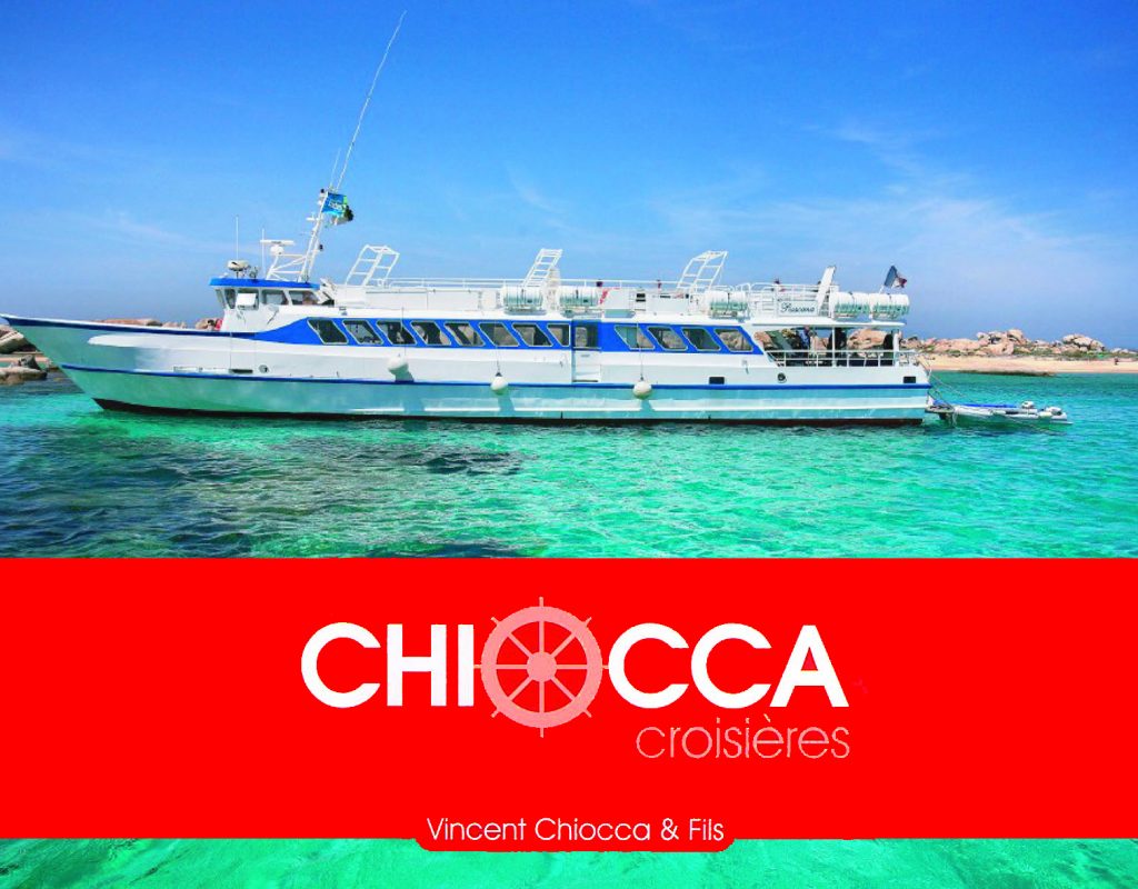 Grand bateau de croisière en mer navigant sur une mer translucide avec un bandeau de la compagnie "Chiocca Croisières"