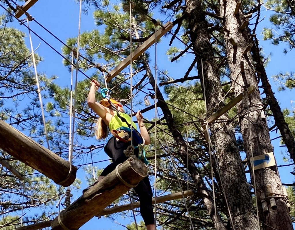 Parcours accrobranche en hauteur avec buches attachés à des arbres