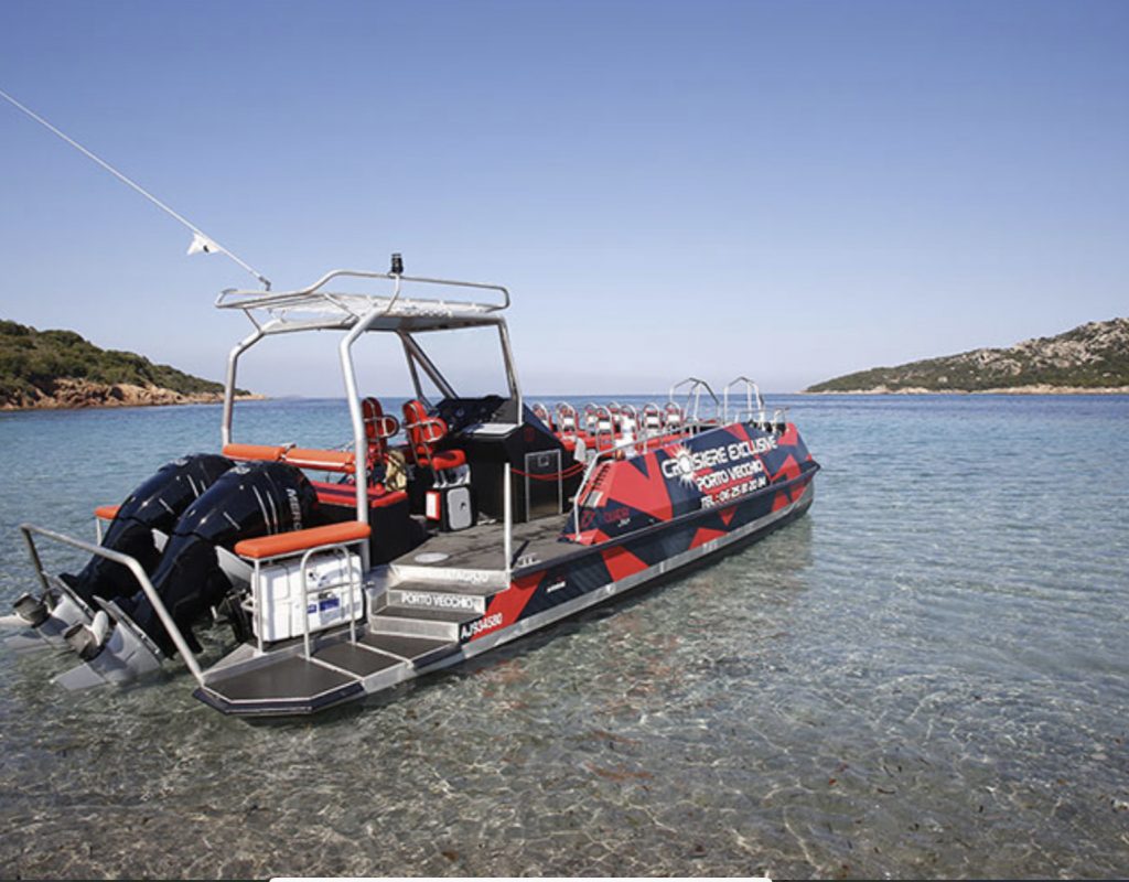 Bateau à moteur de croisière exclusive dans une mer claire